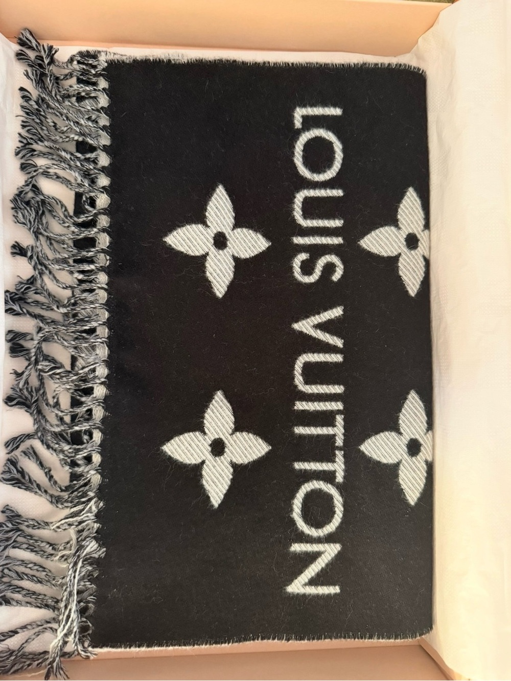 Louis Vuitton Black and White Monogram Fringe Scarf